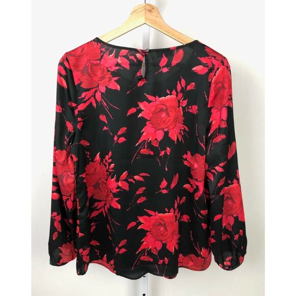 TALBOTS Petite M PM Floral Satin Blouse Long Sleeve Top Keyhole Neck Black Red - Picture 2 of 9